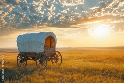 A covered wagon stands in the middle of a vast prairie field with golden grass under a clear sky