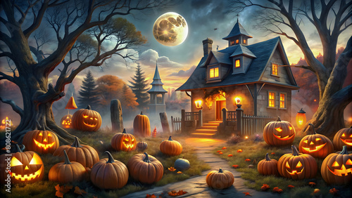 Halloween background with pumpkins, haunted house and moon in the sky