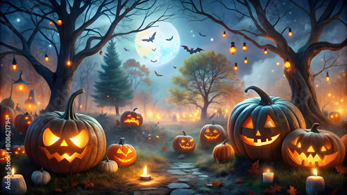 Halloween background with pumpkins, bats and moon in the forest