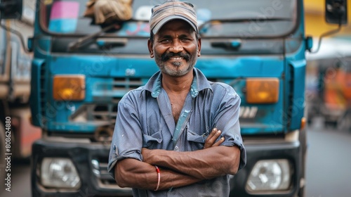 An indian truck driver is standing front of the truck UHD wallpaper