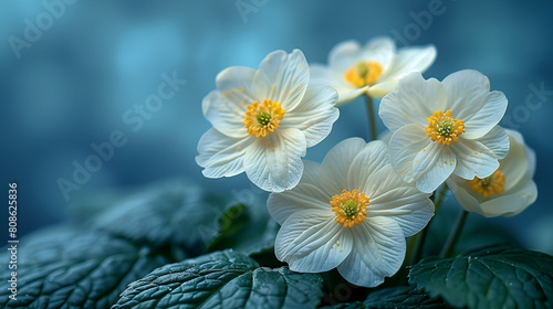 Spring Forest White Primroses on Beautiful Blue, Close up white anemones flowers on colored background 