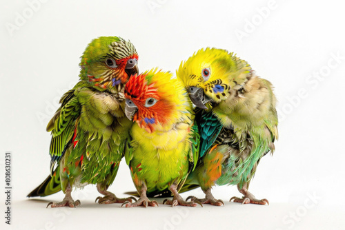 Three parakeets, feathers fluffed