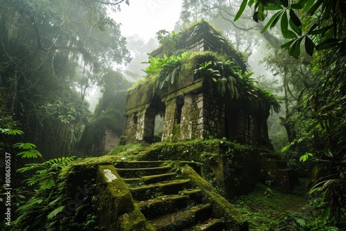 Ancient ruins hidden in the jungle, ancient and overgrown Mayan temple ruins in the jungle, Ai generated