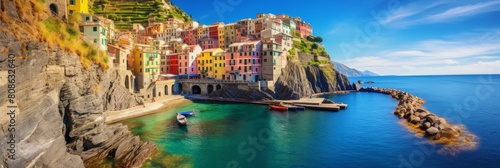 Peaceful fishing village riomaggiore cliffside colorful buildings cinque terre coast. Italian mediterranean europe