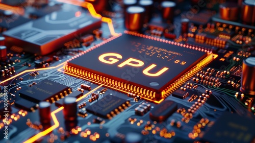 A close-up view of a high-performance GPU (Graphics Processing Unit) chip with intricate circuitry on a green motherboard, showcasing technology used for gaming and computing.