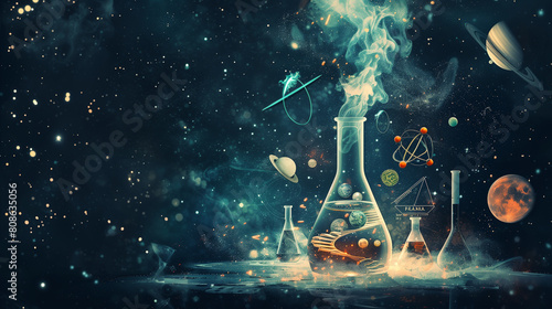 Magical Laboratory with Beakers and Ethereal Cosmic Background