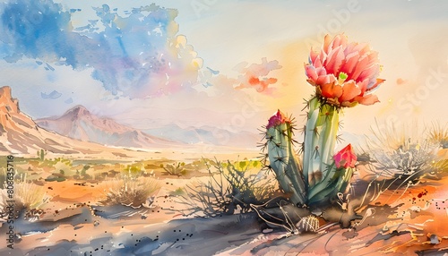 Watercolor Artwork of Cactus Flower Thriving in Desert