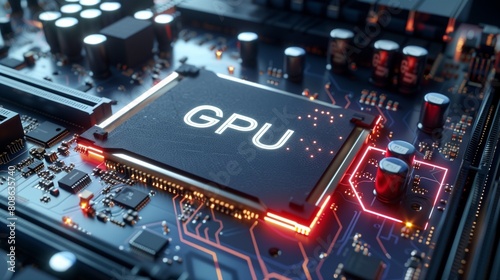 A close-up view of a high-performance GPU (Graphics Processing Unit) chip with intricate circuitry on a green motherboard, showcasing technology used for gaming and computing.