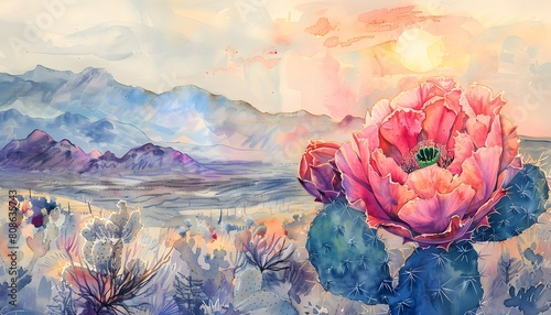 Watercolor Artwork of Cactus Flower Thriving in Desert