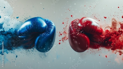 Two boxing gloves clashing in the center, with ample copyspace for adding text. Ideal for a fight night poster, showcasing the intense moment before a boxing match between opponents.