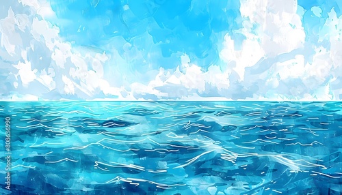 Tranquil Watercolor Seascape of Ocean Horizon with Serene Blues