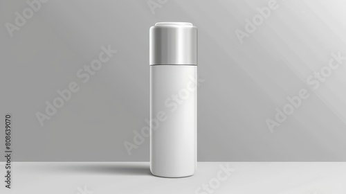 A realistic modern illustration of a roll-on deodorant antiperspirant with a silver cap and white plastic tube. A skin care cosmetic product for fresh aroma and antiperspiration. Packaging design