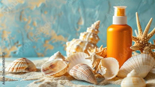 A white bottle of lotion is artistically surrounded by natural materials such as seashells and starfish. The intricate patterns of molluscs and invertebrates closeup create a beautiful piece of art