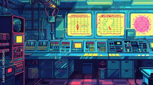 Pixel Art of radiation exposure monitoring equipment, displayed in a vintage scifi setting with vibrant, candycolored hues and a glossy pixelated finish