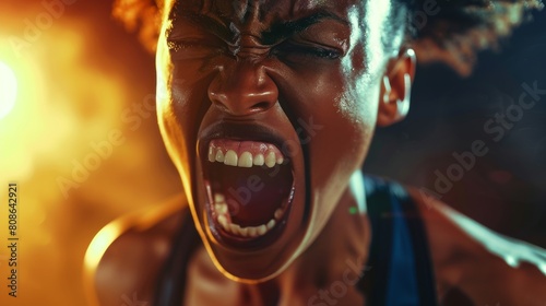 Close-up of Determined Female Athlete Yelling During Workout