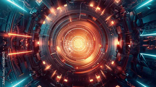 Vector Art of a fusion reactor, illustrated within a cybernetic organism environment, featuring detailed, geometric patterns and a glossy, modern finish