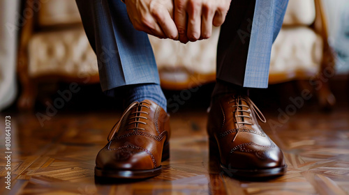 Elegant Man in Suit Tying Shoes for Wedding 