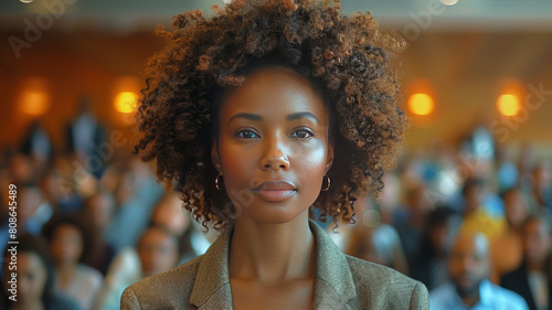 Afro-American businesswoman takes center stage at a conference, delivering a compelling keynote address that captivates the diverse audience.generative ai