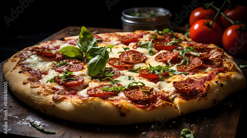 Photograph a whole pizza, fresh out of the oven, with bubbling cheese, pepperoni, and a sprinkle of oregano. Make it look inviting.