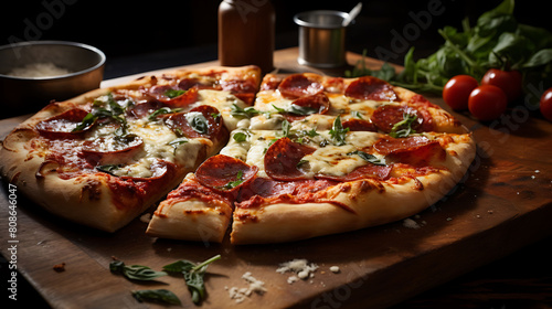 Photograph a whole pizza, fresh out of the oven, with bubbling cheese, pepperoni, and a sprinkle of oregano. Make it look inviting.