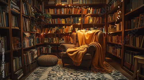 Cozy reading nook with a comfy chair, blankets, and bookshelves filled with literary classics in soft lighting