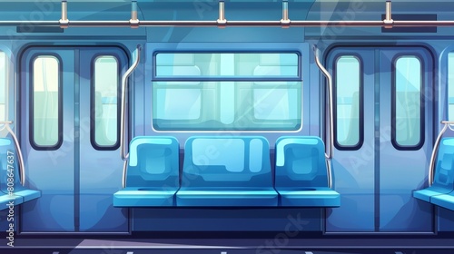 Modern realistic background with glass windows, sliding doors, handrails and chairs in metro carriages. Empty subway wagon inside with seats, windows and closed doors.