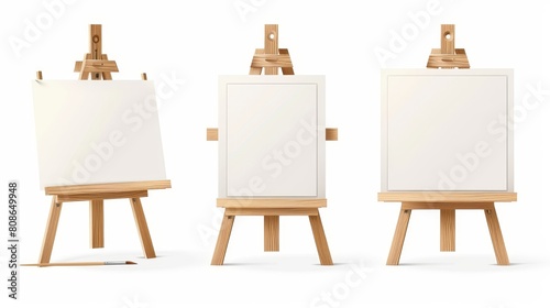 A wooden easel or a painting art board with a white canvas front and side view. A mockup of a blank poster, a setting with cloth or paper, and artist equipment. A realistic 3D illustration of an