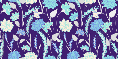 Abstract artistic wild floral stems seamless pattern. Creative branches with blue ditsy flowers, leaves printing on a violet background. Vector hand drawn. Template for designs