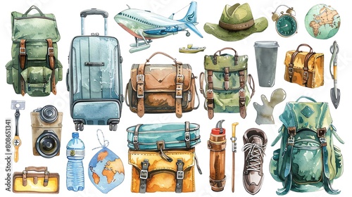 Explore Watercolor Travel Clipart showcasing suitcases, backpacks, and travel accessories for globetrotters