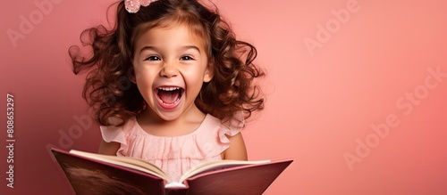 A lively young girl around 5 6 years old joyfully reads a captivating book with wide open eyes She wears a hair hoop and stands isolated on a pink background The image has ample space for copy
