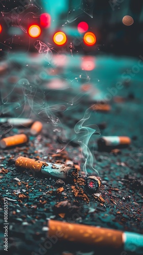A lone cigarette burns on the wet pavement, surrounded by the glowing embers of its predecessors