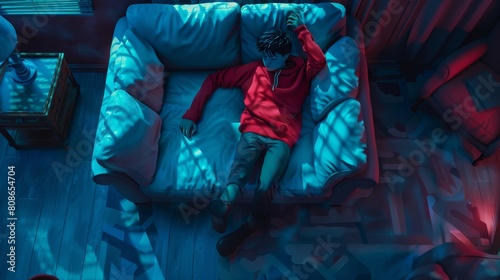 Stylish young man snoozing on top of a sofa at night, enjoying the view