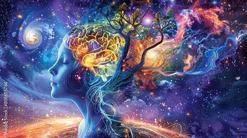 A human profile merging with the cosmos, illustrating a brain transformed into a tree amidst galaxies, celebrating the union of nature and the universe AI Generative.