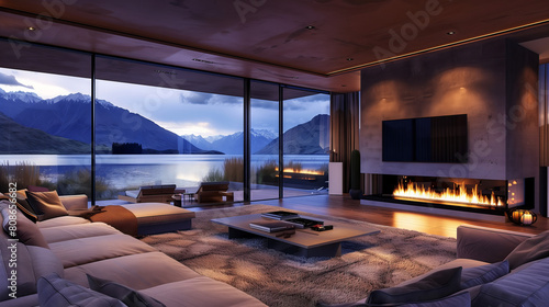 Stunning Lakeside Living Room with Panoramic Mountain Views at Dusk. Luxurious living room with a large fireplace, overlooking a serene lake and mountains at twilight