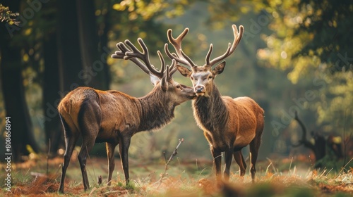 Two red deer cervus elaphus standing close together and touching noses in the forest in nature in summer A pair of wild animals look at each other in the forest. Deer and deer smell in the wilderness.