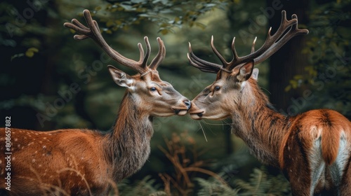 Two red deer cervus elaphus standing close together and touching noses in the forest in nature in summer A pair of wild animals look at each other in the forest. Deer and deer smell in the wilderness.