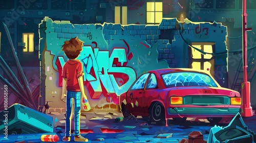 An aerosol painter, filling brick walls with graffiti in a ghetto cartoon banner of a dark cityscape with a broken car at night. Vandalism or creative hobby occupation, modern web banner