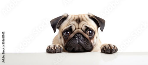 Beige senior pug posing against a white background with copy space image