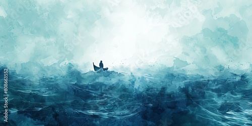 A man is in a boat in the ocean. The water is rough and choppy. The man is rowing the boat, trying to navigate the waves. The scene is peaceful and serene, despite the rough waters