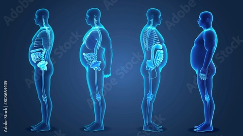 An illustration of the body mass index for men, featuring obese, normal, and slim fit male silhouettes. The body mass index for men ranges from overweight to underweight. A modern illustration of