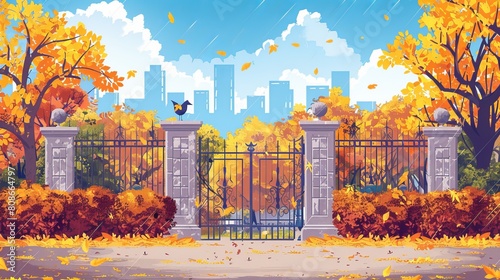 A parallax background is shown to show the stone gates of an autumn park in rainy weather. 2D urban skyline with yellow trees and bushes, skyscrapers separated from each other for animated game play.