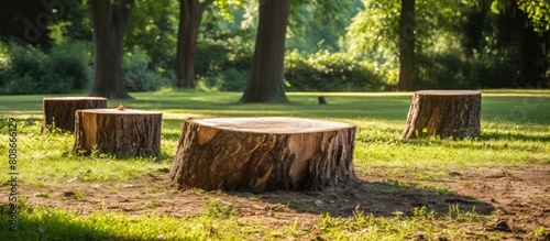 Public park with freshly cut wooden stumps and clean deadwood copy space image