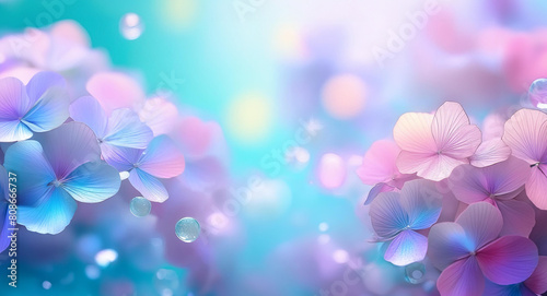 幻想的に輝く紫陽花と水の粒 梅雨のイメージ