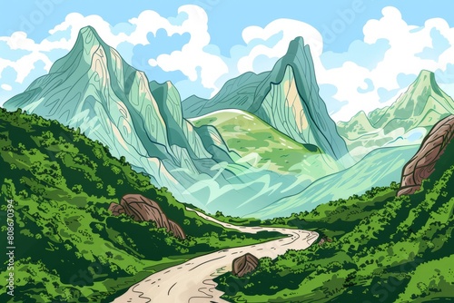 Cartoon cute doodles of the majestic Hulao Pass, where the valiant warrior Lu Bu faced off against the formidable generals Cao Cao and Guan Yu, Generative AI