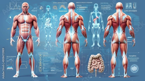 Anatomical poster of human muscular system. Structure of muscle groups in front and back. Biceps, trapezius and triceps. Deltoid and adductors, bodybuilding illustration.