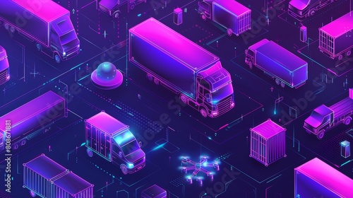 An isometric web banner with a sedan, electric car, freight truck, forklift, fridge van, and quadcopter. Different automobiles, transportation modes, machinery. 3d modern line art.