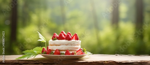 A strawberry cream cake sits on a white plate atop a wooden table while a lush green nature background with bokeh adds to its vibrant beauty Easily use the image s copy space for your own creative ne