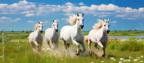 A group of white horses one adult and two adolescents can be seen running swiftly across a vibrant green meadow in Camargue The image provides ample space for copy