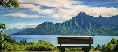 A picturesque view of the emerald Rotui mountain can be seen from the scenic Belvedere lookout on Moorea Island in French Polynesia with ample copy space