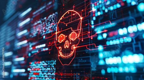 Digital depiction of a glowing red skull symbolizing cyber threats on a high-tech background.